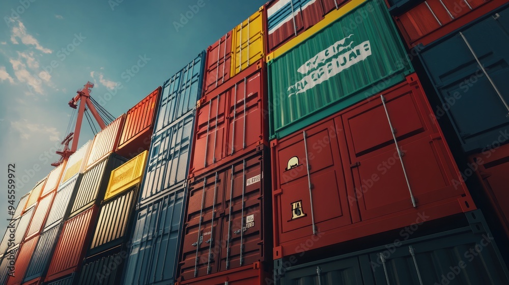 Fototapeta premium A stack of shipping containers with the names of different countries printed on them, representing international trade