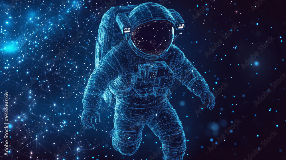 Abstract polygonal astronaut floating in outer space. A blue low-poly wireframe vector illustration set against a dark technology background. Features a starry sky with polygons, lines, particles.