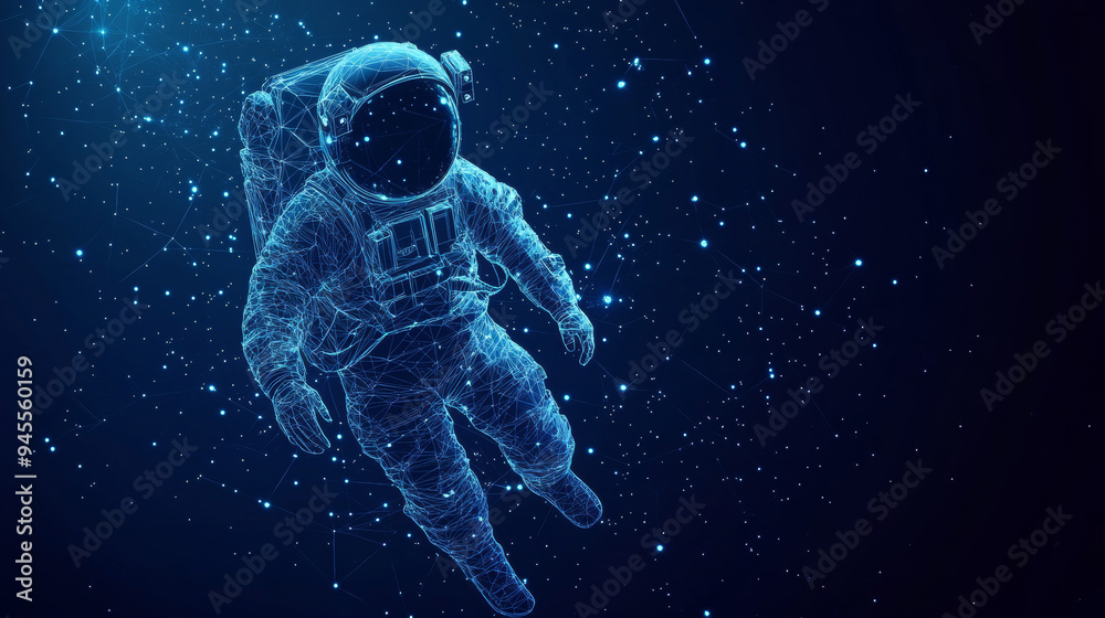 Abstract polygonal astronaut floating in outer space. A blue low-poly wireframe vector illustration set against a dark technology background. Features a starry sky with polygons, lines, particles.
