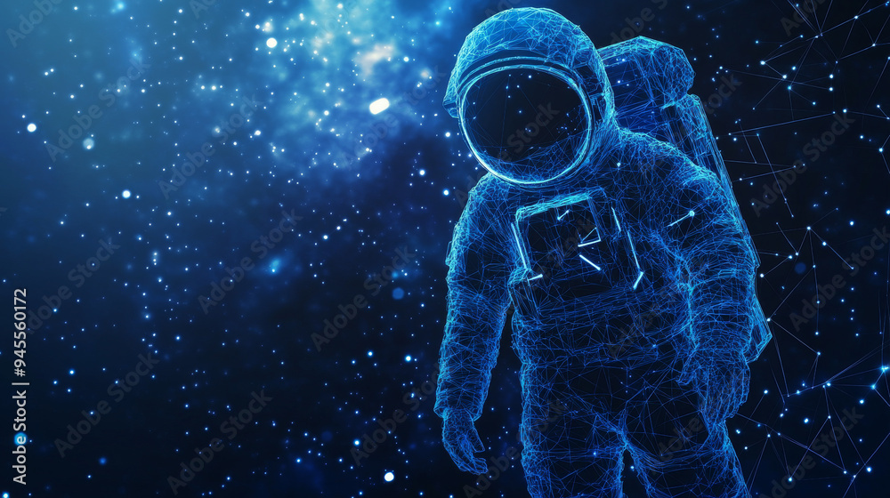 Abstract polygonal astronaut floating in outer space. A blue low-poly wireframe vector illustration set against a dark technology background. Features a starry sky with polygons, lines, particles. Abstract polygonal astronaut floating in outer space. A blue low-poly wireframe vector illustration set against a dark technology background. Features a starry sky with polygons, lines, particles.