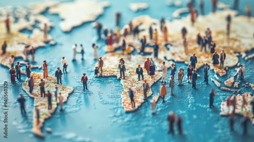 Fototapeta premium A stylized map of the world with miniature people figures standing on continents, symbolizing global population and diversity.