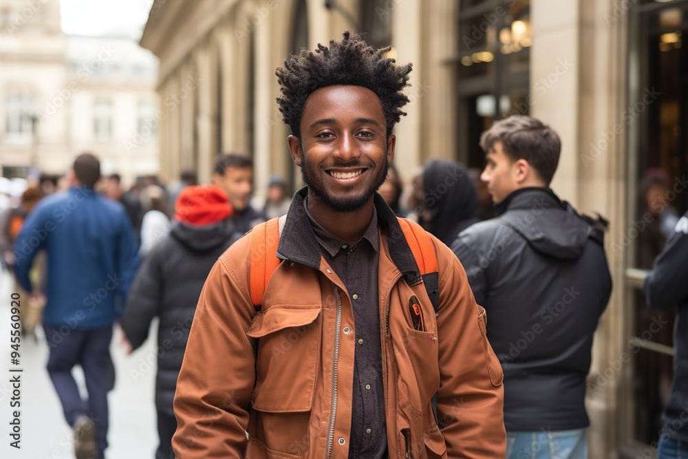 A man with dreadlocks is smiling and wearing a brown jacket with a logo on it A man with dreadlocks is smiling and wearing a brown jacket with a logo on it