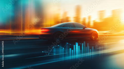 A fast-moving car on a city highway at sunset, with a digital overlay of charts and graphs, symbolizing data driving urban mobility advancements. photo
