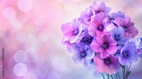 Vibrant bouquet of purple and pink flowers set against a soft pastel background, creating a charming, delicate composition.