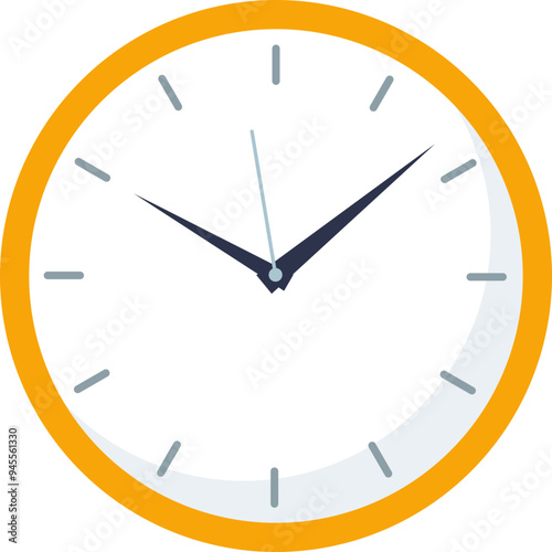 Simple modern clock face with orange rim, indicating a time around ten past ten.
