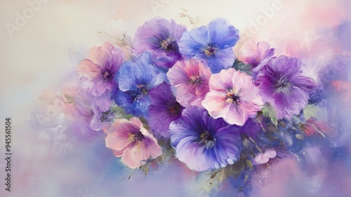 Vibrant bouquet of purple and pink flowers set against a soft pastel background, creating a charming, delicate composition.