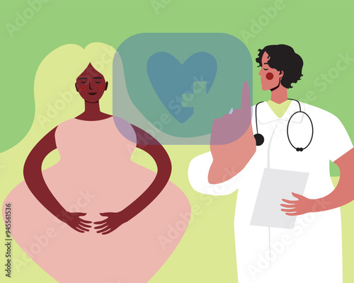 Technological management of pregnancy, flat vector stock illustration with afro pregnant woman, doctor and halogram