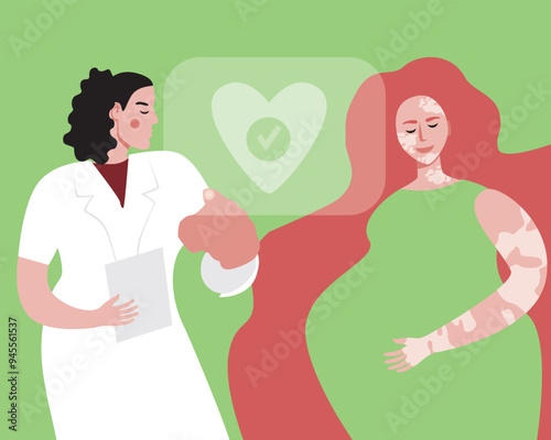 Technological management of pregnancy, flat vector stock illustration with pregnant woman with vitiligo, doctor and halogram