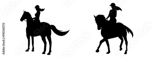 silhouette set of horse and jockey with action, poses. equestrian sport, horse racing. vector illustration.