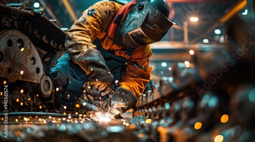 a technician welding parts on a large piece of farming equipment, with sparks flying and a focus on the safety gear being used