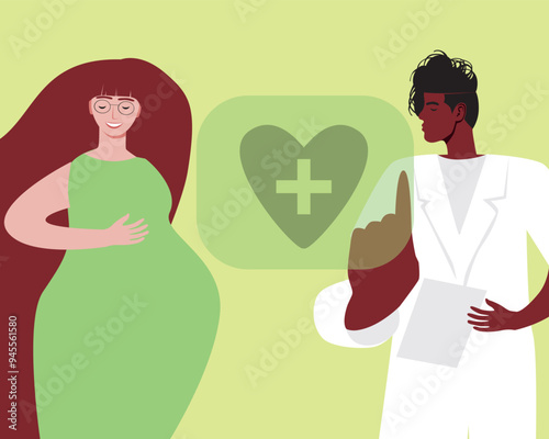 Technological management of pregnancy, flat vector stock illustration with pregnant woman, African doctor and halogram