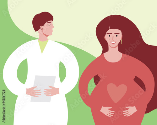 Consultation with gynecologist of pregnant woman, flat vector stock illustration