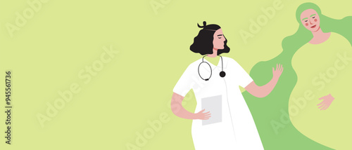 Gynecologist doctor in clinic with pregnant woman before childbirth, flat vector stock illustration or copy space template for overlay