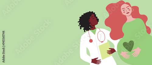 Gynecologist doctor in clinic with pregnant woman, flat vector stock illustration with place for text for design