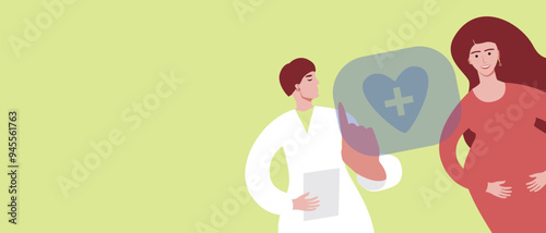Modern online management of pregnancy and gynecology, flat vector stock illustration or copy space for design, pregnant woman and doctor