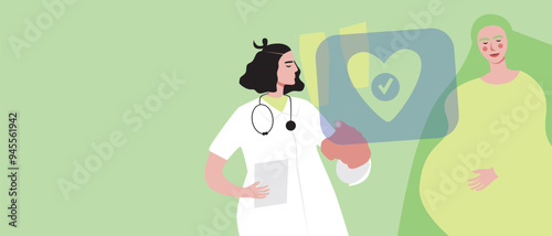 Online management of pregnancy and gynecology, flat vector stock illustration or copy space for design, pregnant woman and doctor