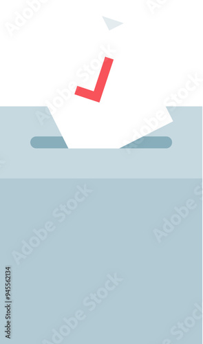 A ballot with a red checkmark being inserted into a voting box, symbolizing democratic participation.