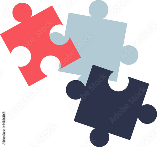 Three interlocking puzzle pieces in red, gray, and black, symbolizing connection and teamwork.
