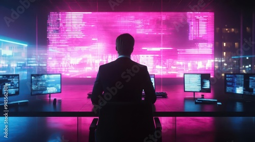 Businessman in a futuristic office, holographic screens, neon lighting, cyberpunk style, high detail