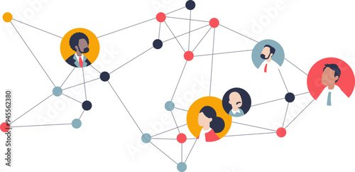 Illustration of diverse people connected by lines, symbolizing network and social connections.