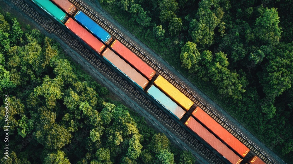 Fototapeta premium Cargo train loaded with containers, moving across a country border, symbolizing international trade