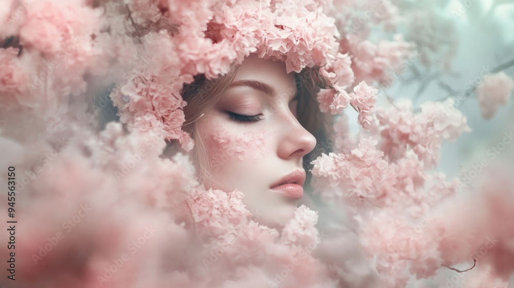 Woman surrounded by soft pink flowers in a dreamy, ethereal portrait, blending gentle colors and floral beauty. Woman surrounded by soft pink flowers in a dreamy, ethereal portrait, blending gentle colors and floral beauty.