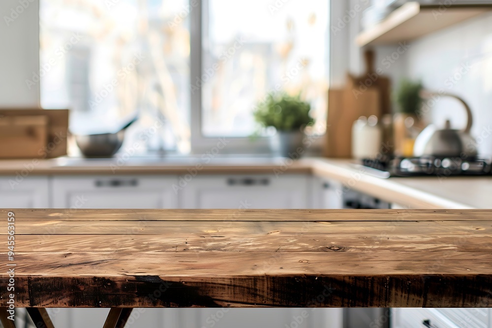Empty wooden table in front of blurred kitchen background. Ready for product display montage Empty wooden table in front of blurred kitchen background. Ready for product display montage