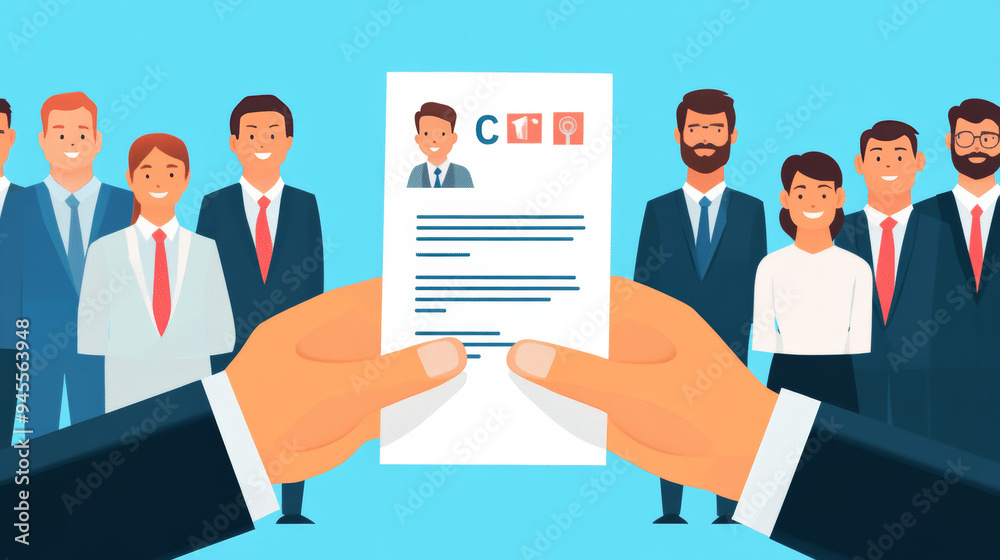 Job position candidate and curriculum. Hands holding a CV profile, selecting from a group of business people for hiring. Vector illustration of an interview process. Job position candidate and curriculum. Hands holding a CV profile, selecting from a group of business people for hiring. Vector illustration of an interview process.