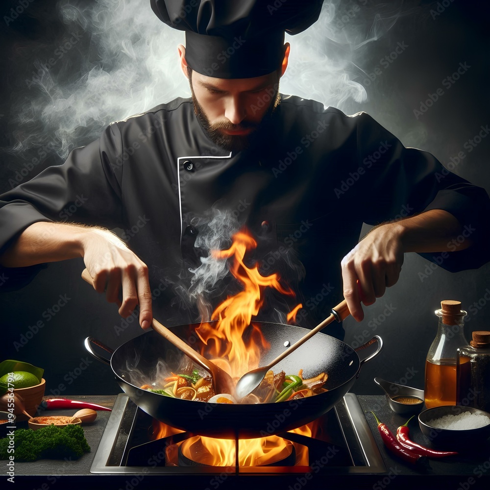 The chef in black uniform cooking thai food in hot wok pan. Flames. Dark background Close Up. The chef in black uniform cooking thai food in hot wok pan. Flames. Dark background Close Up.
