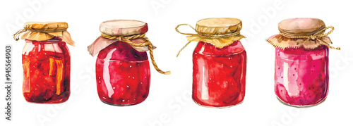 Watercolor set of berry jams. A jar of homemade jam, natural organic products, berry jam. The concept of canning for the winter. Vector illustration.