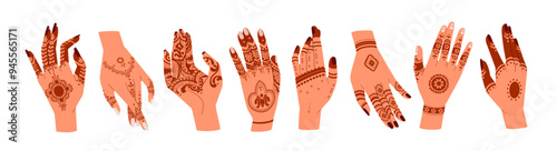 Hands with mehendi patterns, traditional Indian henna tattoos set. Floral designs, hindu mehndi art. India ceremonial ornament on fingers, palms. Flat vector illustration isolated on white background