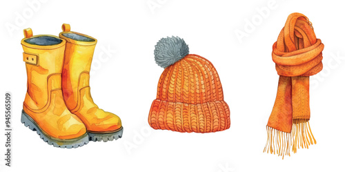 Watercolor set of autumn clothes png. A hat, rain boots and a scarf on an oiled background. Autumn clothes in warm, long shades. Autumn concept. Vector illustration.
