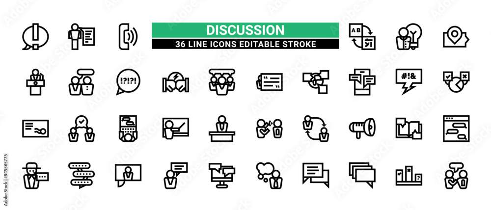 36 Discussion Line Icons Set Pack Editable Stroke Vector Illustration. 36 Discussion Line Icons Set Pack Editable Stroke Vector Illustration.
