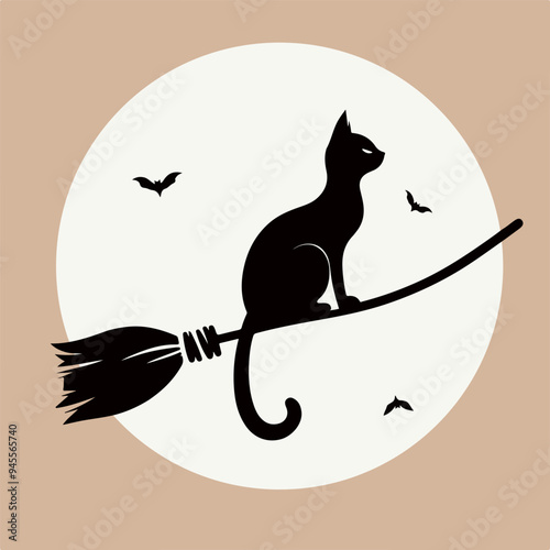 illustration for halloween, cat on a broom against the background of the moon