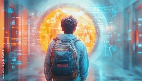 Wallpaper Mural Student with a backpack, entering a futuristic school with holograms, pastel colors, surreal, watercolor Torontodigital.ca
