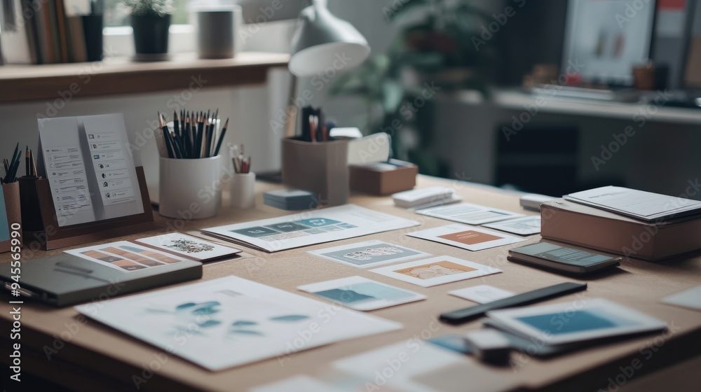 Fototapeta premium Close-up of a marketer's desk with branding materials, business cards, and design mockups