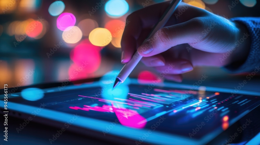 Close-up of a marketer hand using a stylus to create digital ads on a graphic tablet Close-up of a marketer hand using a stylus to create digital ads on a graphic tablet