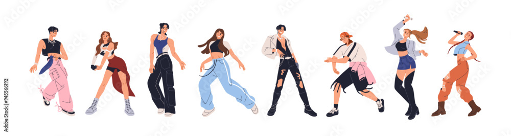 Kpop dancers and singers set. Young male and female k-pop idols performance, dance. Korean pop culture. Modern trendy popular Korea music stars. Flat vector illustrations isolated on white background