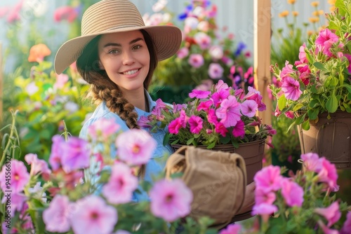 Portrait of florist gardener woman in hat with flower pot of petunia at home garden. Gardening and floriculture Portrait of florist gardener woman in hat with flower pot of petunia at home garden. Gar