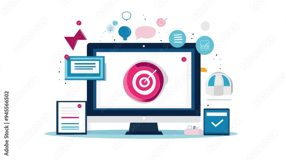 Digital advertising concept with a computer screen displaying a targeted ad campaign Digital advertising concept with a computer screen displaying a targeted ad campaign