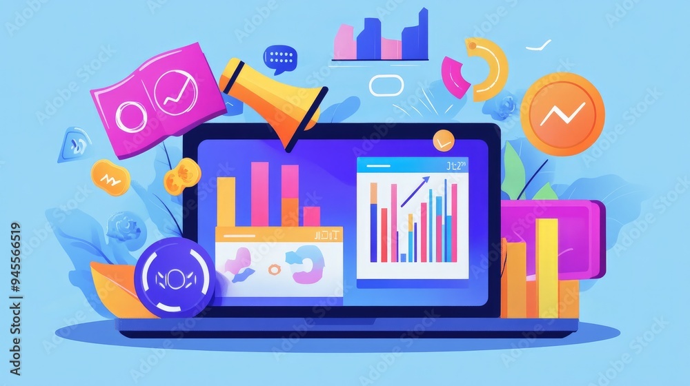 Digital marketing campaign concept with a laptop showing a successful ad performance report Digital marketing campaign concept with a laptop showing a successful ad performance report