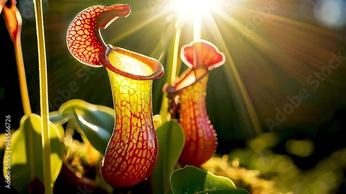 a pitcher plant  with  the sun  shining through it photo