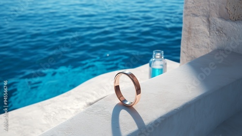 Minimalist photograph of a golden ring in the foreground with the blue background of the sea, advertising composition.