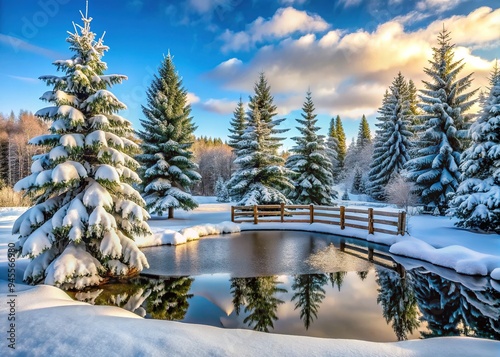 Snow-covered evergreen trees and rustic wooden fence create a serene winter wonderland scene in a quiet backyard with a frozen pond in the background. photo