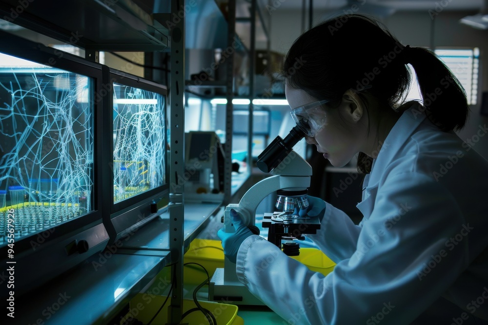 Working Late in the Lab A side-view shot of a female scientist looking through a microscope to analyse her findings in Perth, Australia. Working Late in the Lab A side-view shot of a female scientist looking through a microscope to analyse her findings in Perth, Australia.