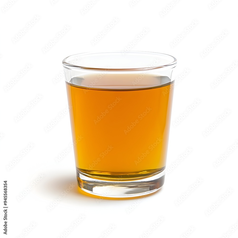 Closeup of a glass of refreshing probiotic kombucha drink on a simple white background The transparent glass container showcases the bubbly golden colored liquid Closeup of a glass of refreshing probiotic kombucha drink on a simple white background The transparent glass container showcases the bubbly golden colored liquid