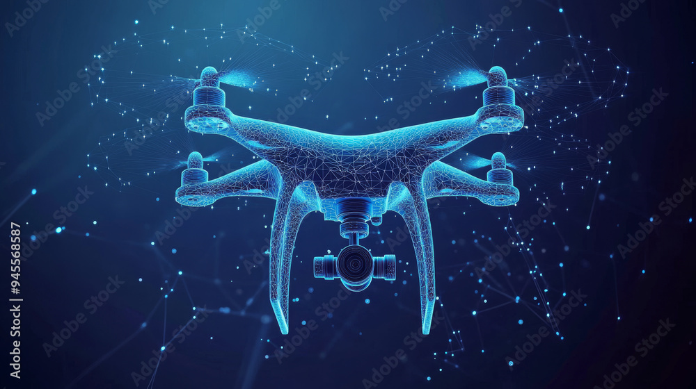 3D digital vector illustration of a drone equipped with a camera in a dark blue setting. Represents drone videography, aerial photography, and modern technology. The abstract low poly quadcopter. 3D digital vector illustration of a drone equipped with a camera in a dark blue setting. Represents drone videography, aerial photography, and modern technology. The abstract low poly quadcopter.