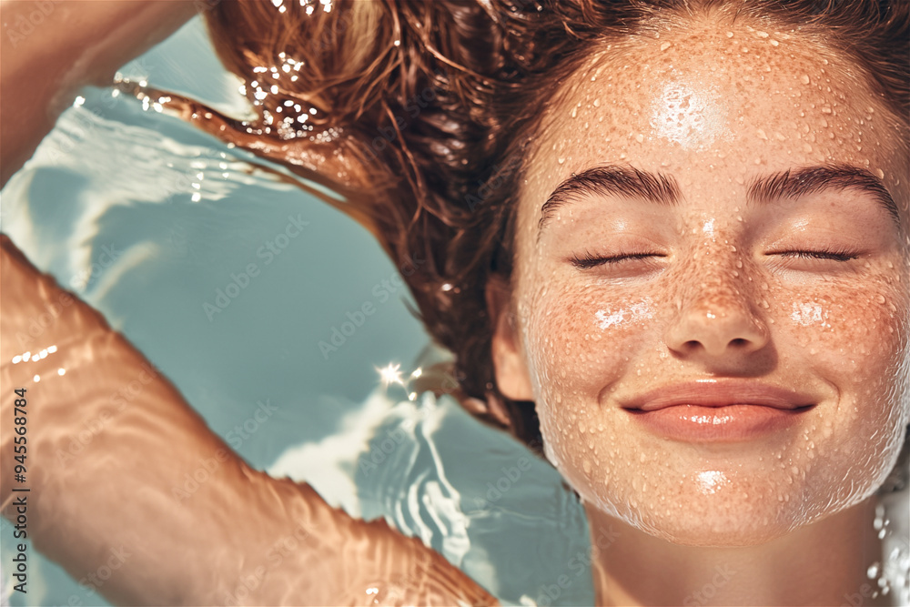 Young woman is floating with her eyes closed and water drops on the face in clean, clear water with her hair spread around her. She has a happy expression on her face Young woman is floating with her eyes closed and water drops on the face in clean, clear water with her hair spread around her. She has a happy expression on her face