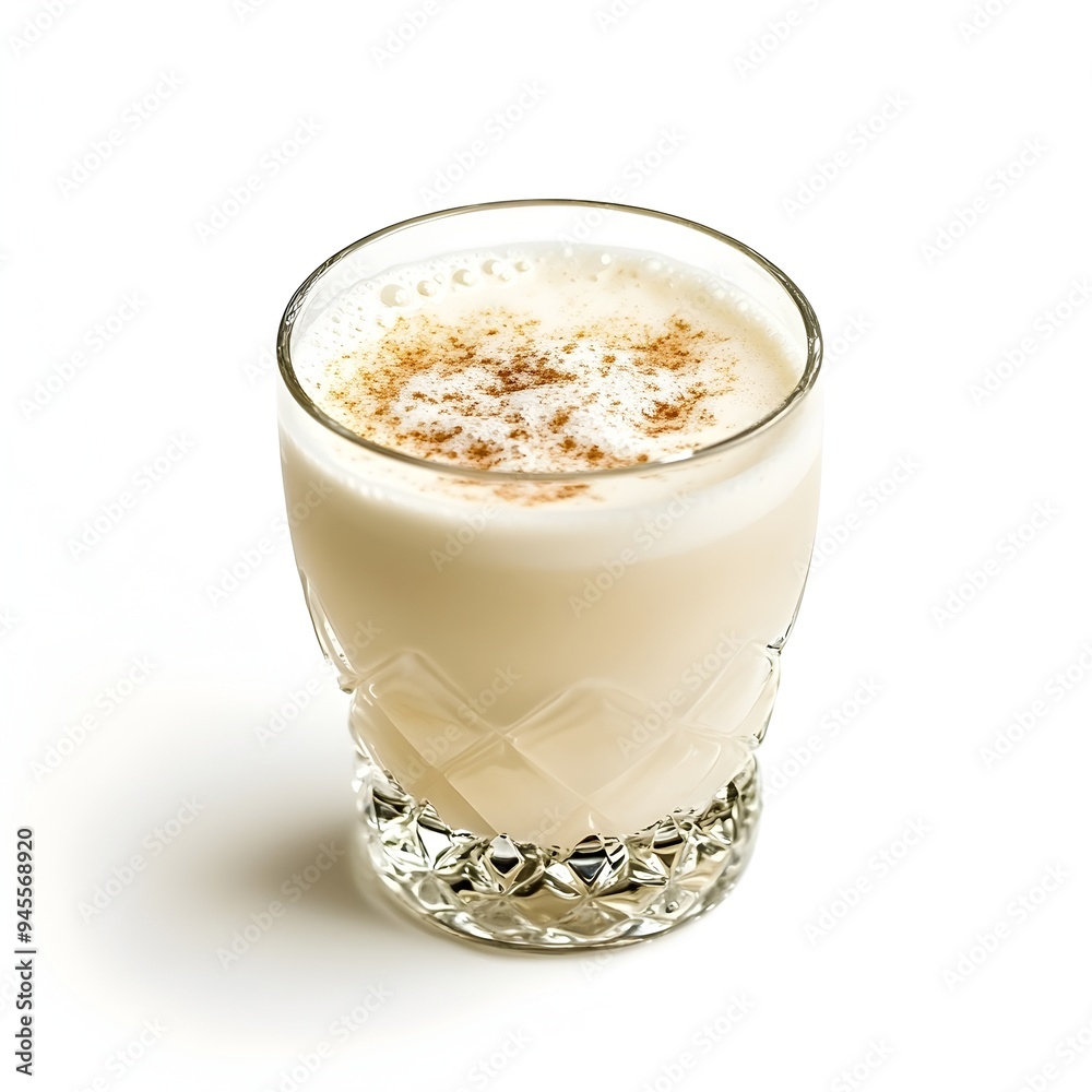 Elegant glass of clear milk punch cocktail placed at the center of a white background The drink features a creamy Elegant glass of clear milk punch cocktail placed at the center of a white background The drink features a creamy