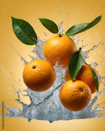 a water splash with oranges and a splash of water Vibrant Scene with Oranges and Slices Juicy Splash photo